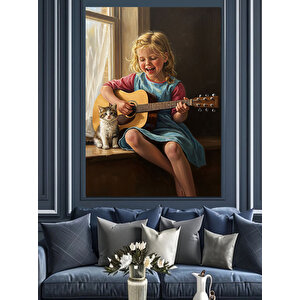 Gitar Çalan Kız Çocuk Dekoratif Kanvas - Mdf Ahşap Tablo 100x140 cm