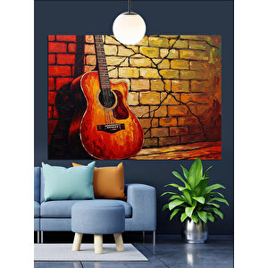 Tuğla Duvar Ve Gitar  Dekoratif Kanvas - Mdf Ahşap Tablo 70x100 cm