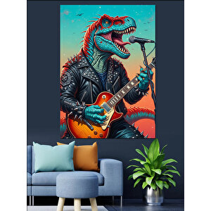 Gitar Çalan Yeşil Dinozor Dekoratif Kanvas - Mdf Ahşap Tablo 25x35 cm