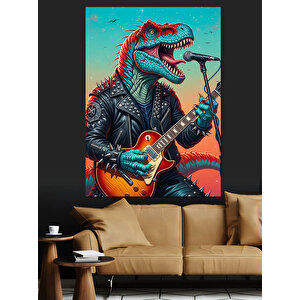Gitar Çalan Yeşil Dinozor Dekoratif Kanvas - Mdf Ahşap Tablo 25x35 cm