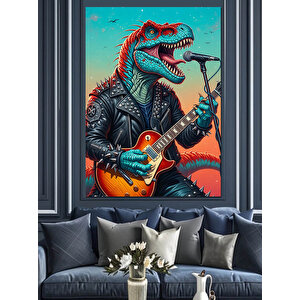 Gitar Çalan Yeşil Dinozor Dekoratif Kanvas - Mdf Ahşap Tablo 25x35 cm