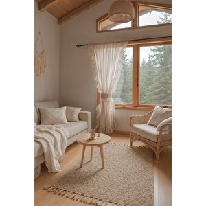 Fırfırlı Tül Perde Tek Kanat Romantik Volanlı Bağlamalı Taş Rengi 140x140 cm