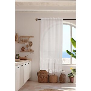 Fırfırlı Keten Tül Perde Tek Kanat Vintage Ekru 140x120 cm