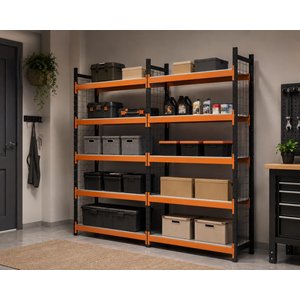 5 Katlı Duble Tel Kafesli Dekoratif Midi Rack - Ekonomik Depo,arşiv, Kiler Rafı  Siyah-turuncu-46x90 Cm-150 Cm