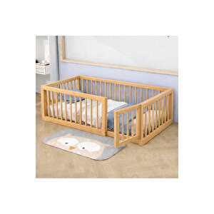 Doğal Ahşap Yuvarlak Çıtalı Montessori Bebek Ve Çocuk Karyolası 90x190 cm
