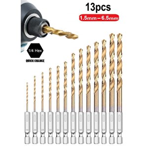 13 Adet Titanyum Matkap Ucu Seti 1/4" Hex 1.5-6.5mm Yüksek Hızlı Çelik Matkap Ucu Takımı