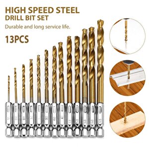 13 Adet Titanyum Matkap Ucu Seti 1/4" Hex 1.5-6.5mm Yüksek Hızlı Çelik Matkap Ucu Takımı
