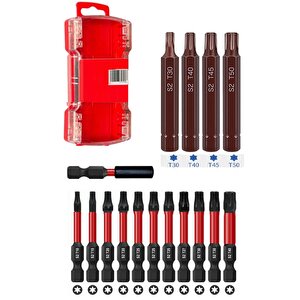Torx Tornavida Ucu Seti 75 mm Manyetik Bits Şaft T6 - T50 15li Profesyonel Torklu Ağır Hizmet uç Seti