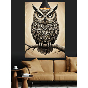 Daldaki Gri Baykuş Dekoratif Kanvas - Mdf Ahşap Tablo 100x140 cm