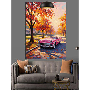 Sonbahar ,yaprak Ağaç Ve Pembe Retro Araba Dekoratif Kanvas - Mdf Ahşap Tablo 70x100 cm