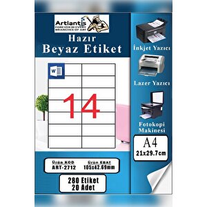 A4 Hazır Etiket 105x42.7 Mm 20 Sayfa 1 Paket 14 Lü Kendinden Yapışkanlı Fotokopi Lazer İnkjet Kağıdı Yazıcılar İçin Uyumlu