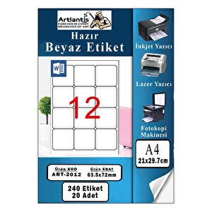 A4 12 Li Hazır Etiket 63.5x72 Mm 20 Sayfa 1 Paket Kendinden Yapışkanlı Fotokopi Lazer İnkjet Kağıdı Yazıcılar İçin Uyum