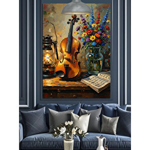 Keman Ve Çiçekler Dekoratif Kanvas - Mdf Ahşap Tablo 70x100 cm