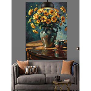 Sarı Çiçekler Vazo Canlı Dekoratif Kanvas - Mdf Ahşap Tablo 70x100 cm