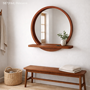 60x60 Cm Raflı Masif Kayın Ağacı Yuvarlak Ayna – İskandinav Tarzı Antre Ve Banyo Aynası (pelesenk) 60x60 cm