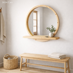50x50 Cm Raflı Masif Kayın Ağacı Yuvarlak Ayna – İskandinav Tarzı Antre Ve Banyo Aynası (çam) 50x50 cm