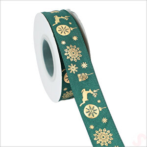 Altın Baskılı Yılbaşı Grogren Kurdele, 2,5cm X 23mt - Yeşil