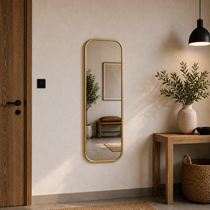 MDF çerçeve Modern Yuvarlatılmış Köşeli Boy Aynası 40x120 Cm – Minimalist İnce Çerçeveli Dekoratif Duvar Aynası Altın