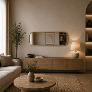 MDF çerçeve Modern Yuvarlatılmış Köşeli Boy Aynası 40x120 Cm – Minimalist İnce Çerçeveli Dekoratif Duvar Aynası Altın