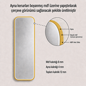 MDF çerçeve Modern Yuvarlatılmış Köşeli Boy Aynası 40x120 Cm – Minimalist İnce Çerçeveli Dekoratif Duvar Aynası Altın