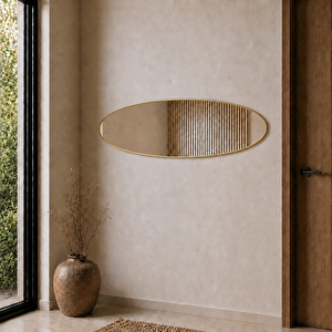 MDF çerçeve Modern Oval Boy Aynası 40x120 Cm – İnce Çerçeveli Minimalist Dekoratif Duvar Aynası Altın