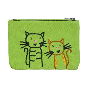 İki Kedi Nakışlı Yeşil Cüzdan
