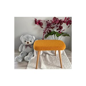 Ahşap Ayaklı Tedy Kumaş Dekoratif Puf Bench Makyaj Sandalyesi Oval Turuncu