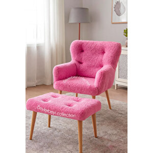 Tekli Koltuk, Ayak Uzatmalı Puf Hediyeli, Pembe Peluş Kumaş Çay Seti Koltuk Takımı, Tekli Berjer Pembe