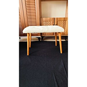 Ahşap Ayaklı Tedy Kumaş Dekoratif Puf Bench Makyaj Sandalyesi Oval Beyaz