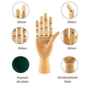 Ahşap El Modeli, Mafsallı Tabanlı Çizim Ve Takı Sergileme Mankeni, 30 Cm