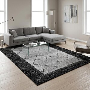 Antrasit Çerçeveli Açık Gri Baklava Desenli Dijital Baskılı Kaymaz Tabanlı Yıkanabilir Halı Dijital 80x50 cm