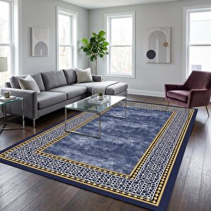 Lacivert Zemin Altın Detaylı Oryantal Bordürlü Dijital Baskılı Kaymaz Tabanlı Yıkanabilir Halı Taban 120x1000 cm