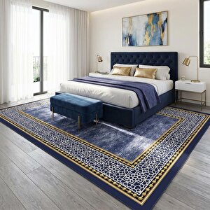 Lacivert Zemin Altın Detaylı Oryantal Bordürlü Dijital Baskılı Kaymaz Tabanlı Yıkanabilir Halı Taban 120x1000 cm