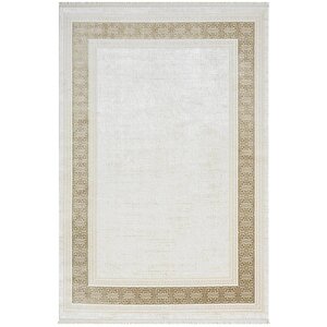 Elegance Eg009a Bej Halı Gold Çerçeveli Modern Viskon Doğal Iplik Bambu Halı Tozu Az Salon Halısı 78x300 cm