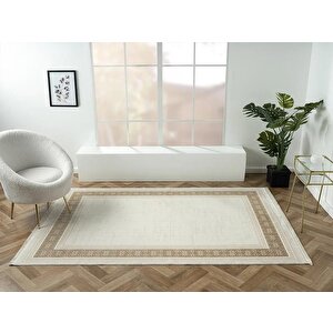 Elegance Eg009a Bej Halı Gold Çerçeveli Modern Viskon Doğal Iplik Bambu Halı Tozu Az Salon Halısı 78x300 cm