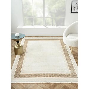 Elegance Eg009a Bej Halı Gold Çerçeveli Modern Viskon Doğal Iplik Bambu Halı Tozu Az Salon Halısı 78x300 cm