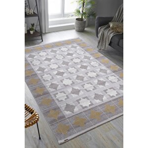 Trend Tr008a Gri Halı Gold Detaylı Klasik Geometrik Desenli Akrilik Yumuşak Salon Halısı 100x200 cm
