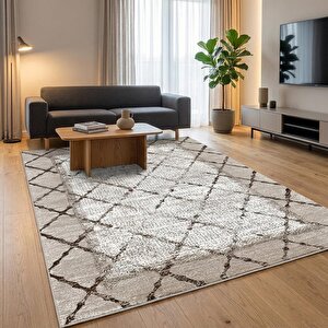 Bej Baklava Desenli Açık Zemin Dijital Baskılı Kaymaz Tabanlı Yıkanabilir Modern Halı 100x800 cm