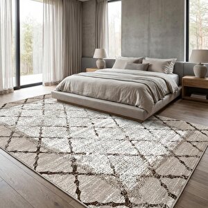 Bej Baklava Desenli Açık Zemin Dijital Baskılı Kaymaz Tabanlı Yıkanabilir Modern Halı 100x800 cm