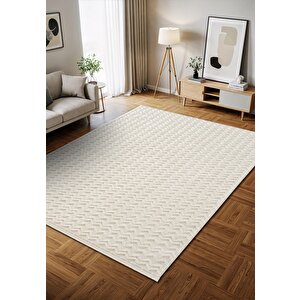Wool Wl009a Beyaz Modern Desen Kabartmalı Doku Pamuk Tabanlı Kaymaz Halı 160x230 cm