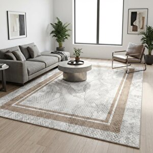 Bej Çerçeveli Açık Zemin Soyut Dokulu Halı Dijital Baskı Kaymaz Taban Yıkanabilir Modern Dijital 200x400 cm