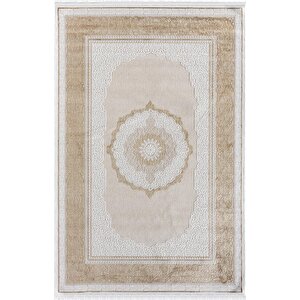 Elit El002s Krem Halı Gold Kenar Çerçeveli Göbekli Ince Yumuşak Akrilik Tozuaz Modern Salon Halısı 160x230 cm