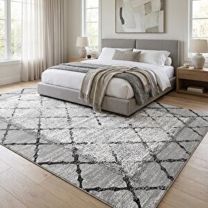 Gri Baklava Desenli Açık Zemin Dijital Baskılı Kaymaz Tabanlı Yıkanabilir Modern Halı Dijital Baskı 120x600 cm