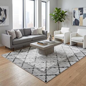 Gri Baklava Desenli Açık Zemin Dijital Baskılı Kaymaz Tabanlı Yıkanabilir Modern Halı Dijital Baskı 120x600 cm