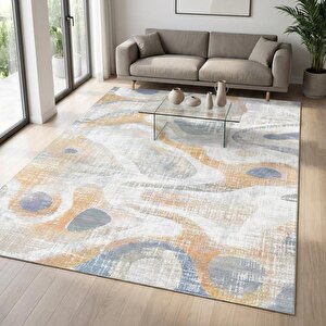 Bej Mavi Soyut Dalga Desenli Dijital Baskılı Kaymaz Tabanlı Yıkanabilir Modern Halı Dijital Baskı 80x80 cm