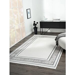 Elegance Eg007a Gri Halı Lacivert Detaylı Modern Viskon Doğal Iplik Bambu Halı Tozu Az Salon Halısı 97x200 cm