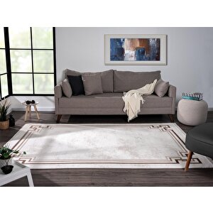 Dark Dk007a Beyaz Halı Bej Detaylı Kahverengi Kenar Çerçeveli Akrilik Tozuaz Modern Salon Halısı 116x180 cm