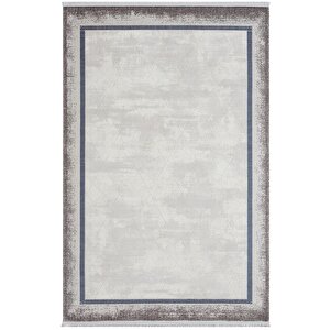 Dark Dk012m Gri Halı Lacivert Kenar Çerçeveli Geometrik Detaylı Akrilik Tozuaz Modern Salon Halısı 100x300 cm