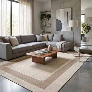 Kahve Bej Çerçeveli Salon Halısı Dijital Baskılı Kaymaz Tabanlı Yıkanabilir Modern Halı Dijital 200x300 cm