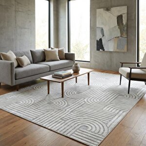 Açık Gri Modern Geometrik Desenli Dijital Baskılı Kaymaz Tabanlı Yıkanabilir Antibakteriyel Halı 120x400 cm